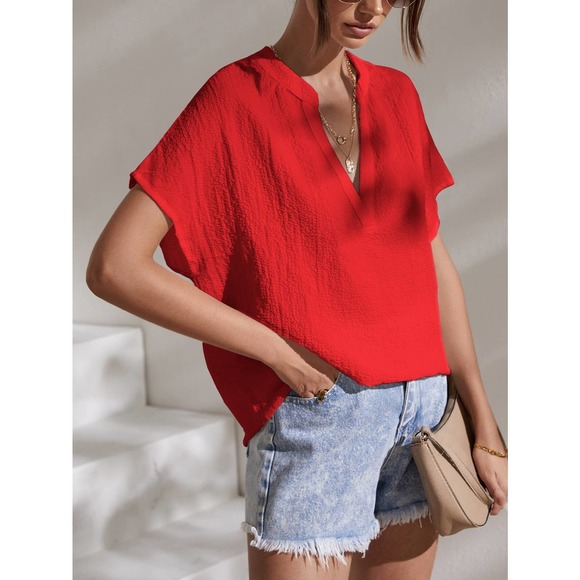 boho Notched Batwing Sleeve Blouse short sleeve hot pink - Picture 9 of 11